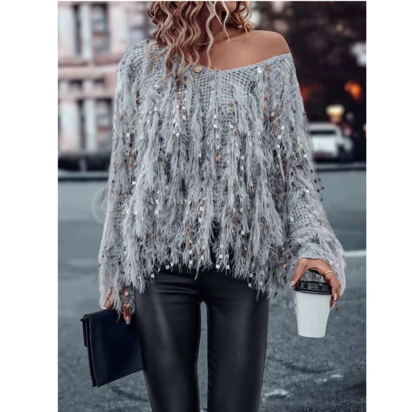 Fun Fuzzy Embellished Pullover Sweater V-Neck Grey - Picture 7 of 11